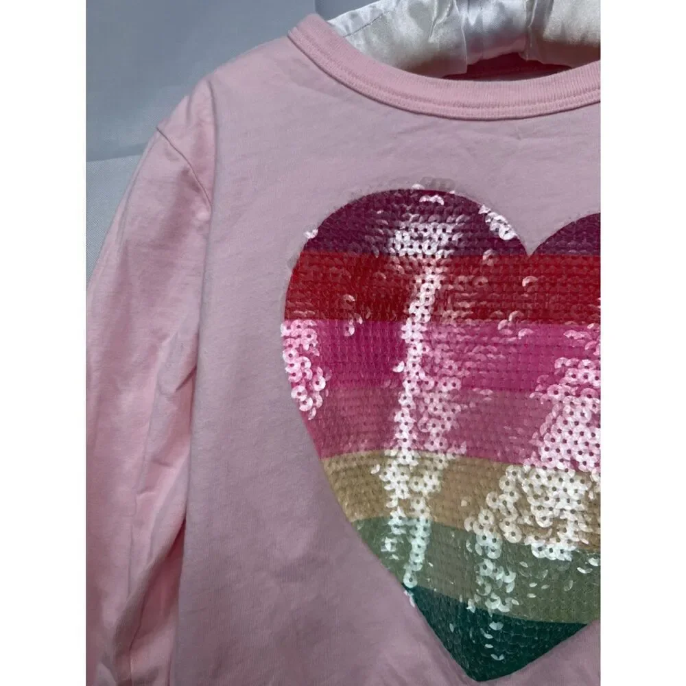 Crewcuts pink long sleeve tee with rainbow sequin heart size 6-7
